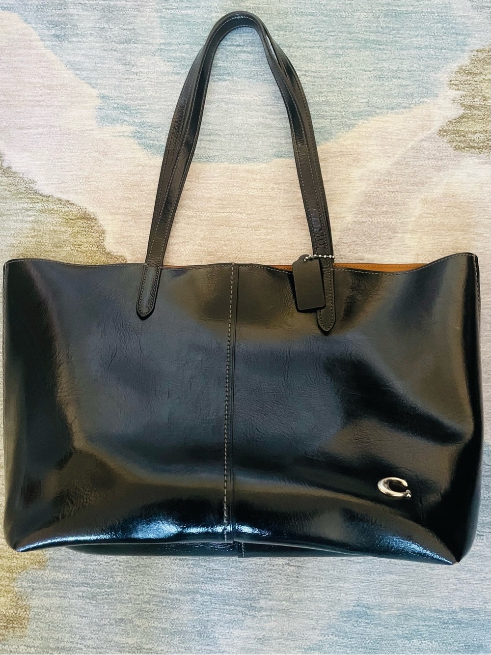 Coach Black Patent Leather Tote with Silver 'C' Accent